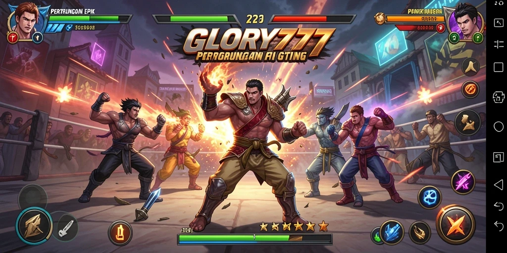 Tampilan seru dari gameplay GLORY777 saat karakter bertarung di arena.