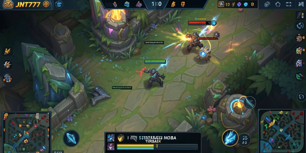 Screenshot JNT777 menampilkan pertarungan seru dalam arena MOBA.